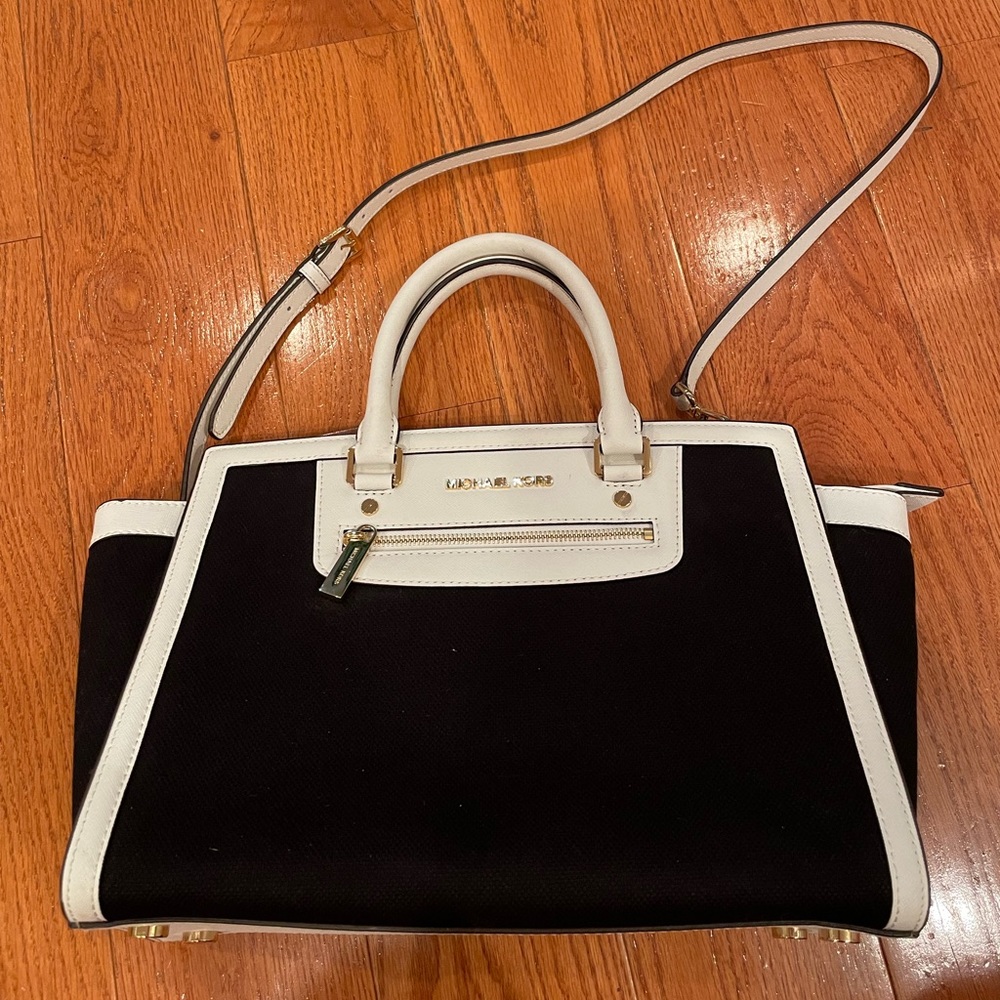 Michael Kors Selma Satchel Black & White Canvas with Leather Trim